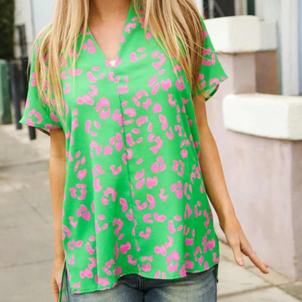 Follow Me Green Animal Print V Neck Short Sleeve Blouse